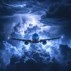 Poster - airplane navigating through turbulent storm clouds illuminated by lightning during a night flight. g