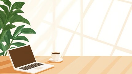 Poster - Laptop Coffee Plant Sunny Workspace Minimalist Design