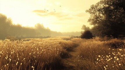 Sticker - Golden Field Path Birds Morning Sunrise Landscape