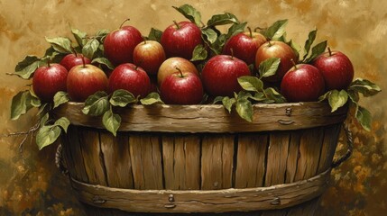 Poster - A Wooden Basket Overflowing With Ripe Red Apples And Green Leaves
