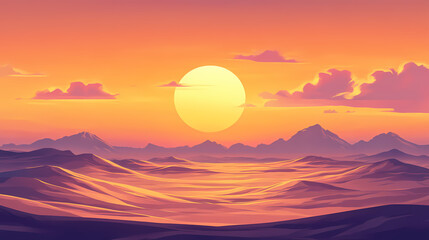 Wall Mural - Majestic golden sunset over expansive desert dunes highlighting natural landscape serenity, beach, beauty, clouds, colors, eco, evening, expanse, horizon. Desert Shores. Illustration