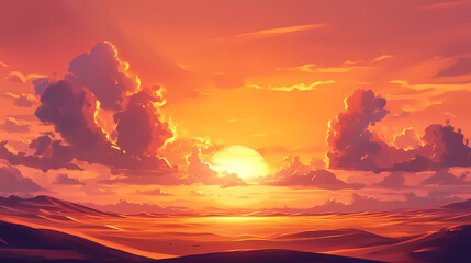Wall Mural - Majestic golden sunset over expansive desert dunes highlighting natural landscape serenity, beach, beauty, clouds, colors, eco, evening, expanse, horizon. Desert Shores. Illustration