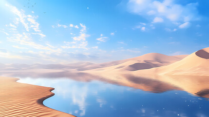 Sticker - Pristine desert dunes meet a serene blue oasis, forming a stunning and tranquil landscape blending sand and water in harmony. Desert Shores. Illustration