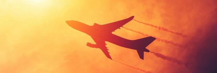 Poster - Silhouette of an airplane soaring against a vibrant golden sunset sky in picturesque evening. Generative AI