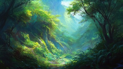  A lush mountain forest with dense greenery climbing the slopes.