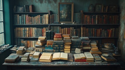 Poster - Antique Bookshelves Filled With Aged Volumes And Artwork
