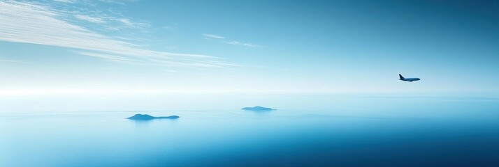 Fototapete - Airplane glides gracefully over vast blue ocean with islands shimmering below in clear sky. Generative AI
