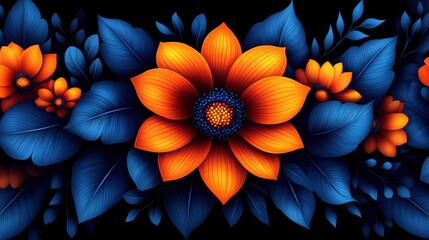 Wall Mural - Vibrant Orange And Dark Blue Floral Border Design