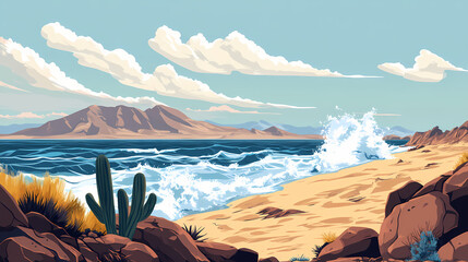 Wall Mural - Desolate coastline with waves crashing against rocky shores, desert landscape, sky, baja california. Desert Shores. Illustration