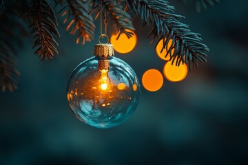 Wall Mural - Sparkling ornament hangs on evergreen branch with glowing lights in background during festive season