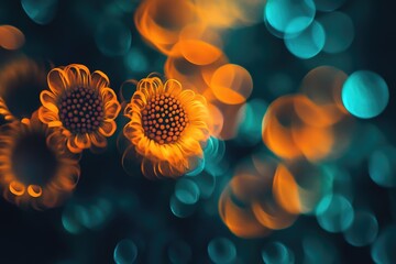 Poster - Vibrant orange flowers bloom against a teal bokeh background, creating a stunning contrast and artistic visual.