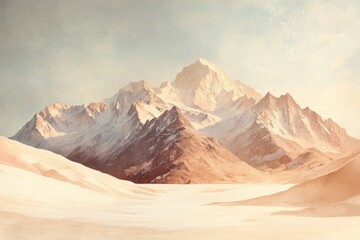 Poster - Majestic snow-capped mountains rise above a vast, sandy desert landscape under a soft, pale sky.