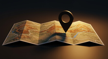 Poster - Map with location pin on a dark surface. Location pin on a map. Map with a location marker