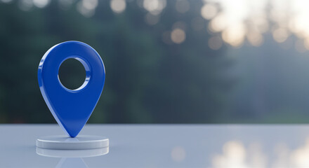 Poster - Blue location pin on a white surface. Location marker with blurred background