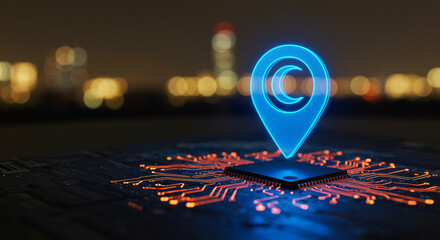 Poster - Location pin on circuit board with glowing orange lines. Location technology and circuit design are visible in the image. Location pin is blue and glowing