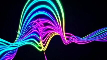 Poster - Vibrant neon waves dancing in darkness. Colorful light streaks swirling and flowing. Abstract digital art animation for summer parties and ocean-themed events
