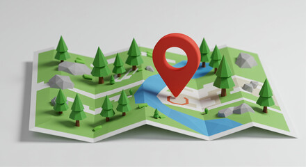 Poster - Map with location pin on unfolded paper map. Paper map with trees and river and location pin