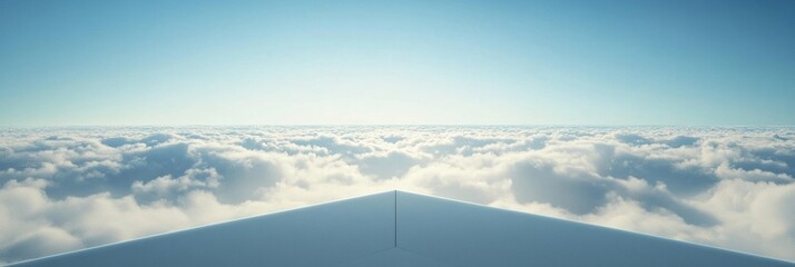 Aufkleber - Airplane wing gliding over fluffy clouds under bright blue sky during daytime travel. Generative AI