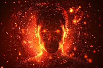 Digital human figure with glowing red eyes in a futuristic background of light patterns and symbols