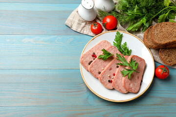 Wall Mural - Tasty canned meat, spices, bread and tomatoes on light blue wooden table, flat lay. Space for text