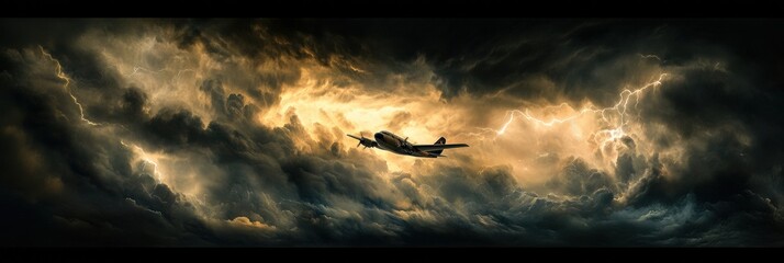 Poster - Clouds rage as an airplane navigates turbulent skies during a stormy evening flight. Generative AI