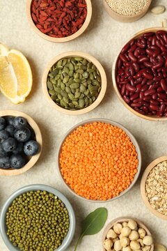 Wall Mural -  - different superfood products on light table, flat lay