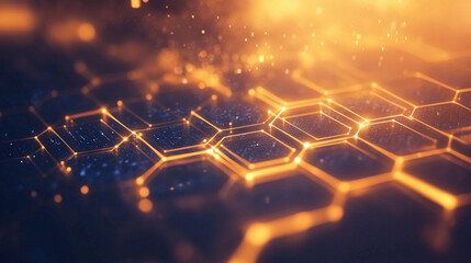 Poster - Hexagonal grid design with glowing orange and blue elements creating a vibrant digital atmosphere in an abstract setting. Generative AI