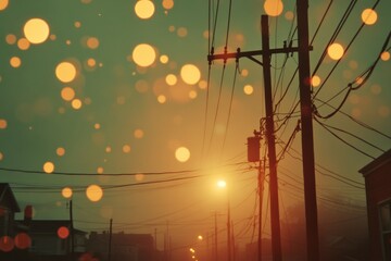 Wall Mural - Streets illuminated by a hazy sunset with electric poles and soft bokeh effects in the foreground