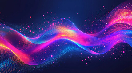 Poster - Colorful flowing waves create a dynamic visual experience with a continuous stream of vibrant particles and lights in an abstract digital design. Generative AI
