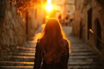 Wall Mural - Sunset glow highlights a woman's flowing hair as she walks up ancient stone steps in a quaint village