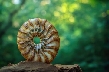 Wall Mural - A mesmerizing ammonite fossil, a spiral marvel of ancient marine life, rests on a bed of sand against a lush green backdrop.