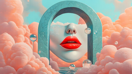 Wall Mural - A surrealist painting of a pearl and diamond face with red lips, floating above pink clouds, with a glass, a gray-blue archway. Diamond Archway. Illustration