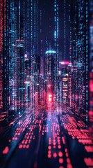 Aufkleber - Abstract cityscape design featuring vibrant numbers and light patterns set against a futuristic digital backdrop in nighttime ambiance. Generative AI