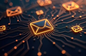 Poster - email symbols on circuit board. digital communication concept. mail icons glow on dark tech backgrou