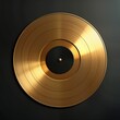 © Vadym - Shiny gold vinyl record on dark background. Classic music object. Perfect for music themes. Stylish, elegant design. Vintage aesthetic. Perfect display piece. Could used in music studio home decor.