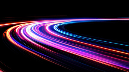 Poster - Dynamic flow of colorful light trails creating patterns on a dark background, illustrating movement and energy in a digital landscape. Generative AI