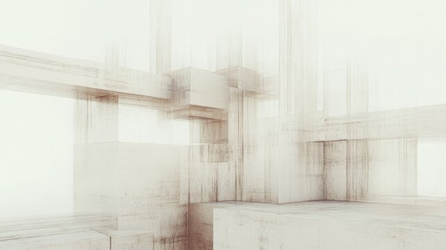 Abstract architectural rendering of interconnected concrete structures in a bright, minimalist setting.