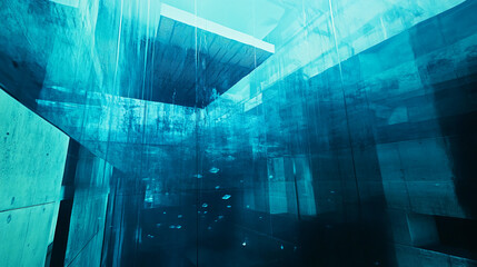 Aufkleber - Abstract view of clear blue water tank with reflections and geometric shapes, showcasing a modern and futuristic design, highlighting depth, light, and clarity.