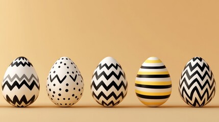 Five stylish Easter eggs in black, white, and gold patterns on a beige background.