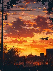 Fototapete - Airplane silhouette flying against a stunning golden sunset over a quiet path with a figure and trees. Generative AI
