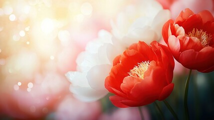 Wall Mural -   Two red and white flowers in front of a pink and white flower with a yellow center