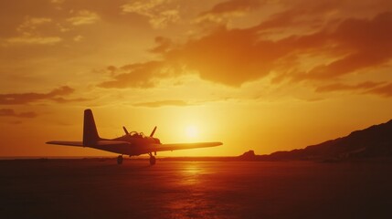 Poster - Silhouette of an airplane against a stunning golden sunset over a serene landscape. Generative AI