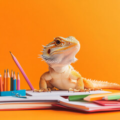 Aufkleber - A bearded dragon lizard sits among colorful stationery on a desk with an orange background, symbolizing creativity, education, and fun. Ideal for school or animal lovers.