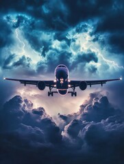 Poster - Airplane navigates through turbulent stormy clouds with lightning illuminating the sky above. Generative AI