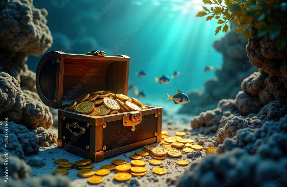 Wooden treasure chest full of gold coins lies on underwater seabed ...