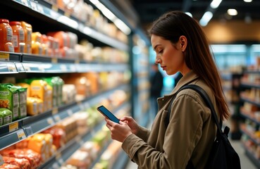 Young woman in supermarket using smartphone to check nutrition facts on food products. Carefully choosing items, looking at product information. Indoor shot in brightly lit store. Modern consumerism,