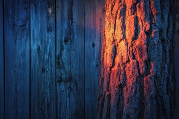 Poster - Sunset illuminates a tree trunk beside a dark blue wooden fence, creating a striking contrast.