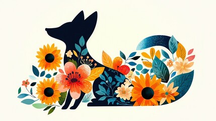 Wall Mural -   A fox with flowers and leaves on its tail, painted against a white backdrop