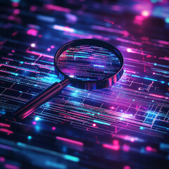 Poster - A digital magnifying glass focusing on a dynamic abstract data network, symbolizing analysis, technology, and the exploration of data in the modern digital world.