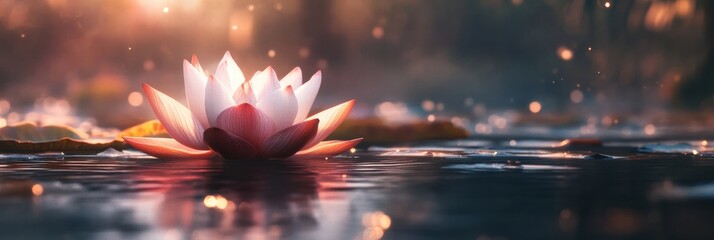 Leinwandbilder - Serene water lily blooms on calm pond during golden hour in tranquil setting. Generative AI